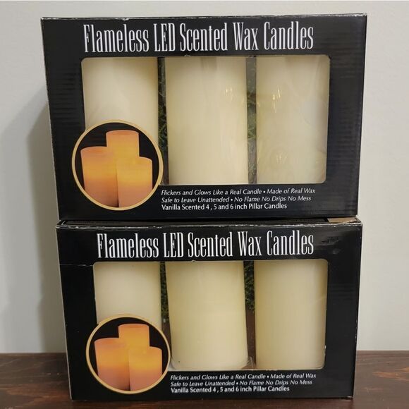 New Flameless LED Vanilla Scented Graduated Ivory Wax Pillar Candle Set of 3 - Picture 1 of 8